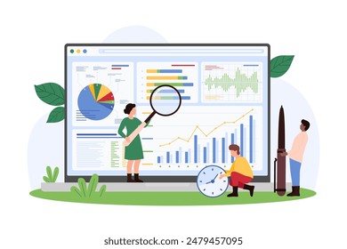 Online data analysis, management with software. Tiny people with magnifying glass monitor charts of financial and marketing statistics or science research on laptop screen cartoon vector illustration