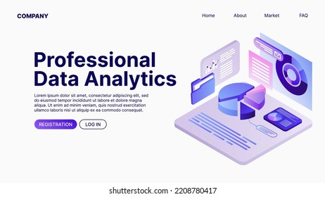 Análisis de datos en línea. Análisis de datos. Plantilla de página de inicio. Ilustración del vector