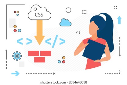 Online data cloud, woman character and computer language line icons isolated on white