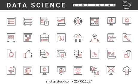 Online data communication, network management of information systems, thin red and black line icons set vector illustration. Abstract software and hardware, privacy of access, tech optimization