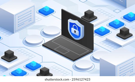 Online Data Defense. Security shield icon on a laptop, surrounded by interconnected data, highlighting advanced online data protection measures and cybersecurity in the digital realm.