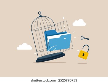 Online data freedom. Files folder with key free himself from cage. Modern vector illustration in flat style 