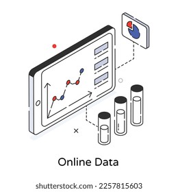 Icono isométrico de datos en línea, diseño lineal 