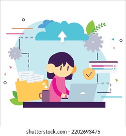 Online Data Manager, Concept Of File Management. Document Management Soft, Document Flow App, Compound Docs Concept. Vector Illustration.