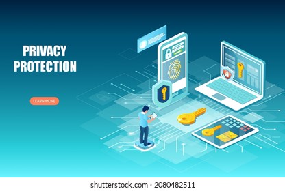 Online Data Protection And Confidentiality Concept. Vector Of A Man Using Mobile Devices Browsing Internet Safely 