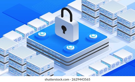 Online data protection isometric vector illustration. Large padlock and multiple server racks, digital security, data storage, and cybersecurity measures