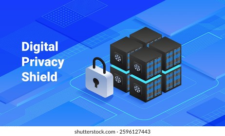 Online Data Protection with Servers and Padlock. Online privacy with secure servers and padlock icon. Ideal for content on cybersecurity, data protection, and digital safety. Vector illustration