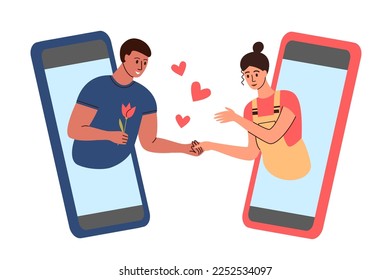 Online data, romantic couple. Concept of virtual relationship.