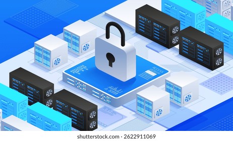 Online data security with secure servers and padlock icon. Advanced cybersecurity Protecting digital information and privacy. Perfect for IT infrastructure and digital safety concepts.