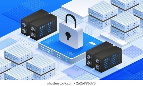 Online data security. Secure servers, padlock icons, and interconnected data elements, advanced cybersecurity measures, privacy and protection of digital information. Isometric vector illustration