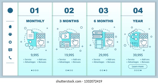 Online data storage onboarding mobile app screens with service prices. Walkthrough website pages templates. File hosting service. Tariff plans steps. Smartphone payment web page layout