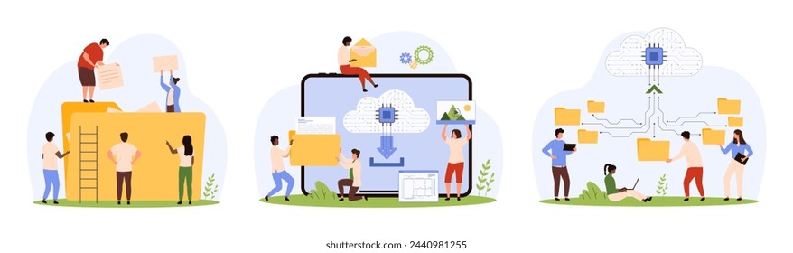 Online data storage set. Tiny people organize information with folders and archives, upload digital directory to cloud storage and share, connect documents on network cartoon vector illustration