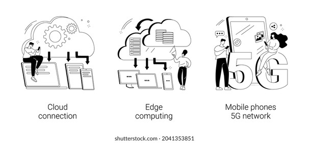 Online Data Transfer Abstract Concept Vector Illustration Set. Cloud Connection, Edge Computing, Mobile Phones 5G Network, Database Connection, Local Data Storage, 5G Technology Abstract Metaphor.