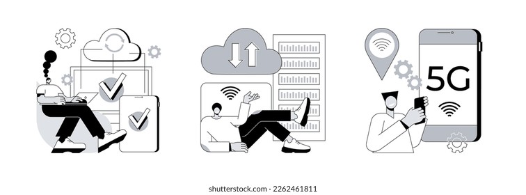 Conjunto de ilustraciones vectoriales de concepto abstracto de transferencia de datos en línea. Conexión en nube, computación perimetral, red 5G de teléfonos móviles, conexión a base de datos, almacenamiento de datos local, metáfora abstracta de tecnología 5G.