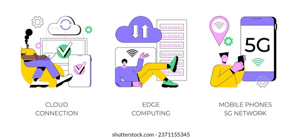 Online data transfer abstract concept vector illustration set. Cloud connection, edge computing, mobile phones 5G network, database connection, local data storage, 5G technology abstract metaphor.