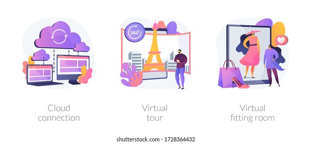 Online Data Transfer And Virtual Experience Abstract Concept Vector Illustration Set. Cloud Connection, Virtual Tour, Virtual Fitting Room, Internet Connection, Web 3d Tour Abstract Metaphor.