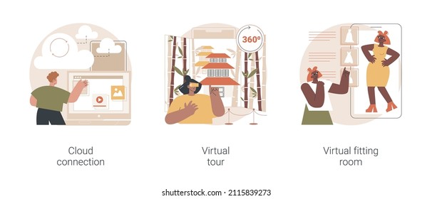 Online Data Transfer And Virtual Experience Abstract Concept Vector Illustration Set. Cloud Connection, Virtual Tour, Virtual Fitting Room, Internet Connection, Web 3d Tour Abstract Metaphor.