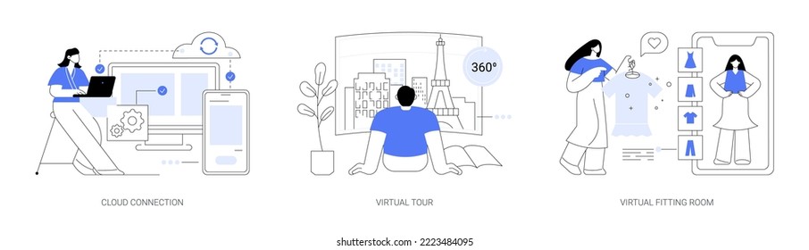 Online data transfer and virtual experience abstract concept vector illustration set. Cloud connection, virtual tour, virtual fitting room, internet connection, web 3d tour abstract metaphor.