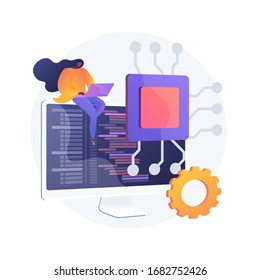 Online database, cloud disk. Data storage, information base, computer application. PC user, operator cartoon character. Information on monitor screen. Vector isolated concept metaphor illustration.