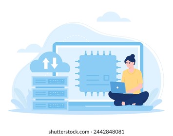 Online database  cloud disk. data storage  laptop applications. information on the monitor screen trending concept flat illustration