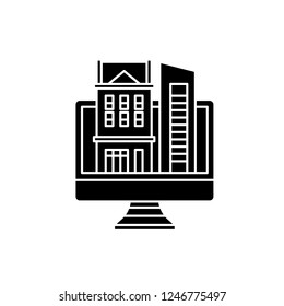 Online database of real estate black icon, vector sign on isolated background. Online database of real estate concept symbol, illustration 