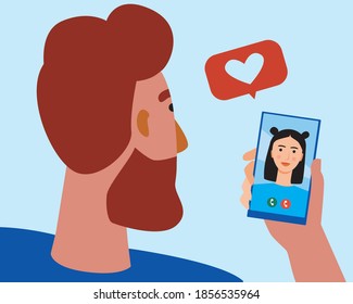 cita en línea, pareja enamorada. Ilustración de material vectorial plano. Comunicación de video. Hombre, mujer, teléfono de amor. Concepto de amor web, pareja enamorada, citas en línea. Ilustración de la fecha de vídeo romántica