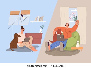 Online date. Online dating at home. The couple gets to know each other using the video chat application in the gadget. A girl and a guy with dogs communicate on the Internet. Quarantine conditions.  