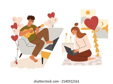 Online date. Online dating at home. A couple gets acquainted using the video chat application in the gadget. The girl and the guy communicate on the Internet. The guy plays a musical instrument.