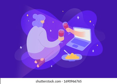 Online date during quarantine and self-isolation, woman talking and having dinner with her partner via video chat, virtual relationship while distancing, man and woman in love