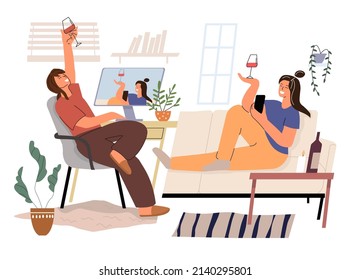 Online date. Girls in love communicate via the Internet and drink wine from glasses. Online dating at home. A couple gets acquainted using the video chat application in the gadget. 