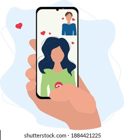 online date. hand holds a phone with a video call of a couple in love on the background of a heart. flat style