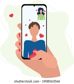 online date. hand holds a phone with a video call of a couple in love on the background of a heart. flat style. saint valentine  day