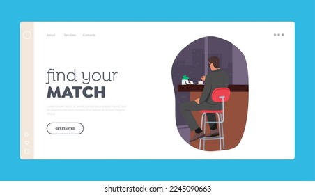 Online Date Landing Page Template. Male Character Sitting in Bar Chatting via Smartphone Application with Woman in Social Media Internet Network or Dating Web Site. Cartoon People Vector Illustration