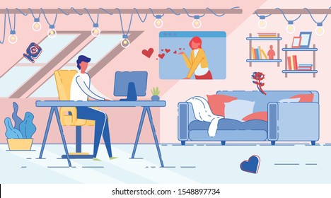 Online Date, Man and Woman Communicate over Computer in Dating Chat. Modern Social Media Internet Communication Technology. Human Relationships and Love Affair. Trendy Flat Vector Illustration.