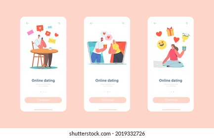 Online Date Mobile App Page Onboard Screen Template. Characters Chatting via Smartphones and Computers in Internet. Couple Match Dating Romance Relationship Concept. Cartoon People Vector Illustration