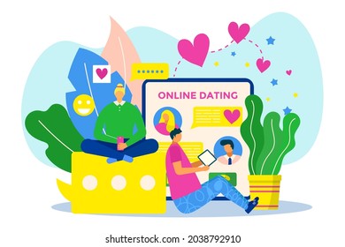 Online date at mobile application, vector illustration, love couple man woman character use smartphone for dating, chat in internet social media.