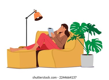 Online Date, Modern Relations, Female Character Sitting on Sofa with Tablet Pc, Laughing, Sending Messages via Internet Network on Dating Web Site. Cartoon People Vector Illustration