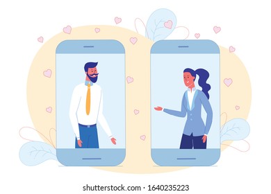 Online Date on Social Networks, Bright Cartoon. Two Smartphones are Nearby, Inside them are Shown their Owners Man and Woman. They Communicate and have Romantic Relationship Over Phone.