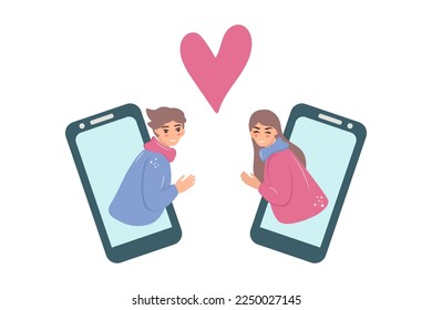 Online date, romantic couple. Concept of virtual relationship. Vector illustration
