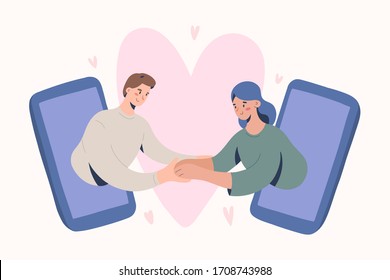 Online date, romantic couple video chat via smartphone application, concept of virtual relationship on quarantine and self-isolation. vector illustration with boyfriend and girlfriend characters