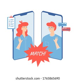 Online date with smartphone application concept. Young man and woman looking for couple in internet. Dating app with male and female virtual accounts found a match. Vector illustration. 