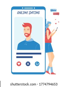 Online date with smartphone application concept. Young woman looking for couple in internet. Dating app with male and female virtual accounts found a match. Vector illustration. 