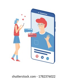 Fecha en línea con el concepto de aplicación para smartphone. Joven buscando pareja en internet. La aplicación de citas con cuentas virtuales masculinas y femeninas encontró una coincidencia. Ilustración vectorial. 