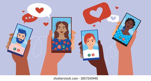 Online date, smartphone isolated. Flat vector illustration. Phone with a man, a woman, couples. Online dating concept, long distance couple, internet dating applications. Vector illustration