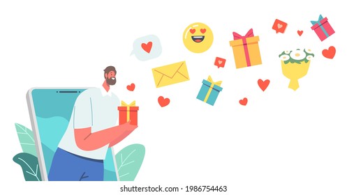 Fecha en línea, pequeño personaje masculino en enorme pantalla de Smartphone con caja de regalo en manos que envía mensajes, bouquets Emoji y flores a través de la red de Internet en el sitio de citas. Ilustración de vectores de personas de caricatura