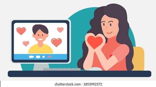 Online date Valentine's Day in new reality quarantine. Heart sign with women hands. Boyfriend in monitor screen. Woman is watching video with romantic man remotely at home. Vector flat illustration