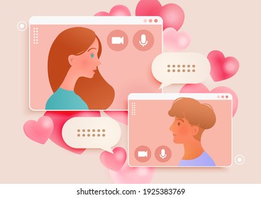 Online date via application, two people chatting via video call platform. Vector flat illustration.