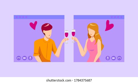Online date and video date concept, a woman and a man in video call. Modern dating with chat application or online platform. Social distance and isolation vector illustration flat design