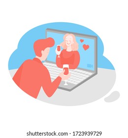 Online date, virtual love, long distance relationship. Dating app. Cartoon couple talking during quarantine. Connection with isolated partner