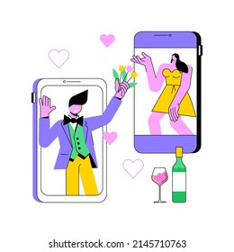 Online dating abstract concept vector illustration. Romantic relationship, digital application, couple match, social media profile, girlfriend search, web camera date, valentine abstract metaphor.